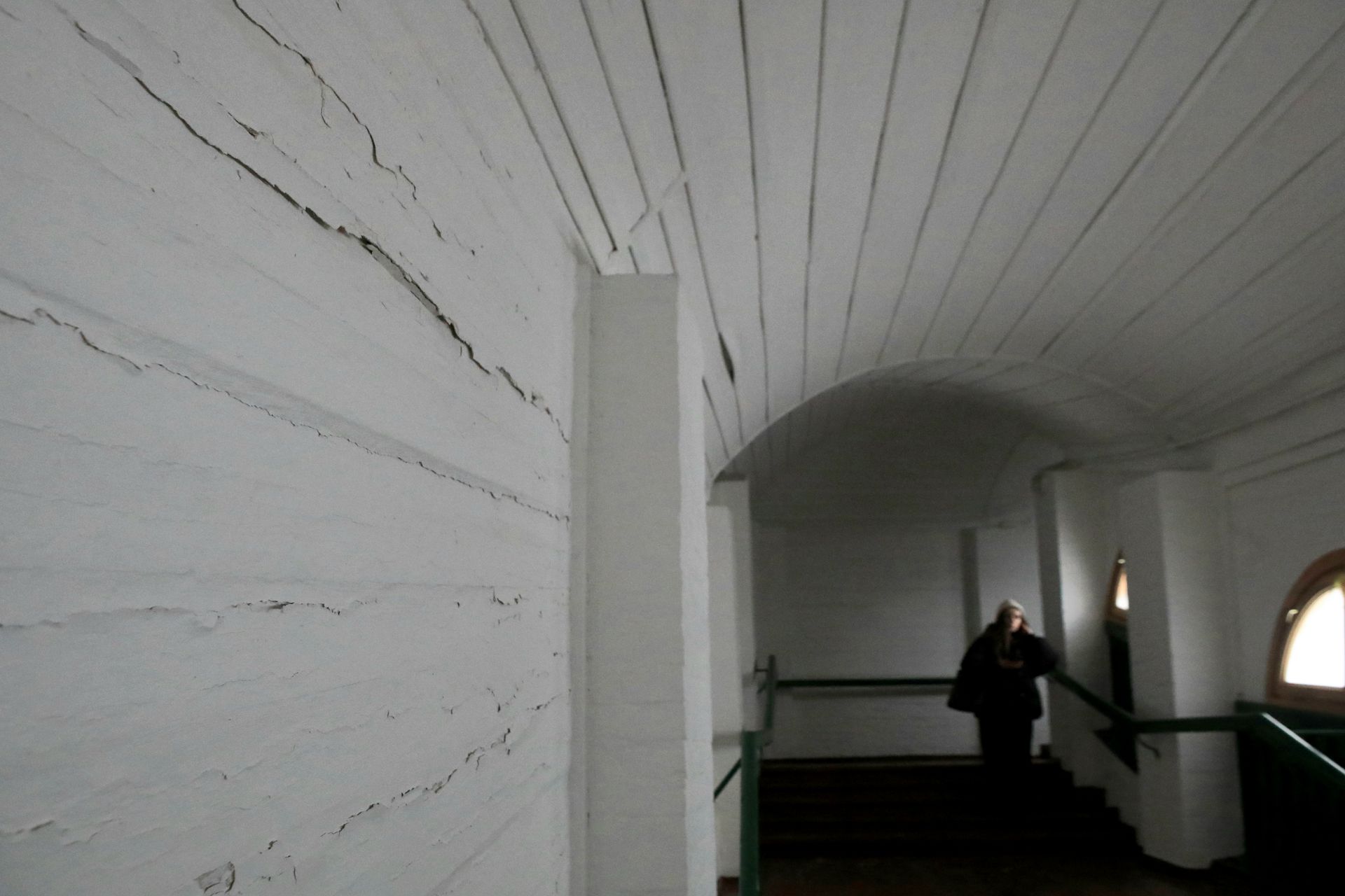 The aftermath of a missile and drone strike on a building serving as the entrance to the Far Caves labyrinth is seen on the territory of the Kyiv-Pechersk Lavra National Preserve in Kyiv, Ukraine, on Jan. 26, 2026.