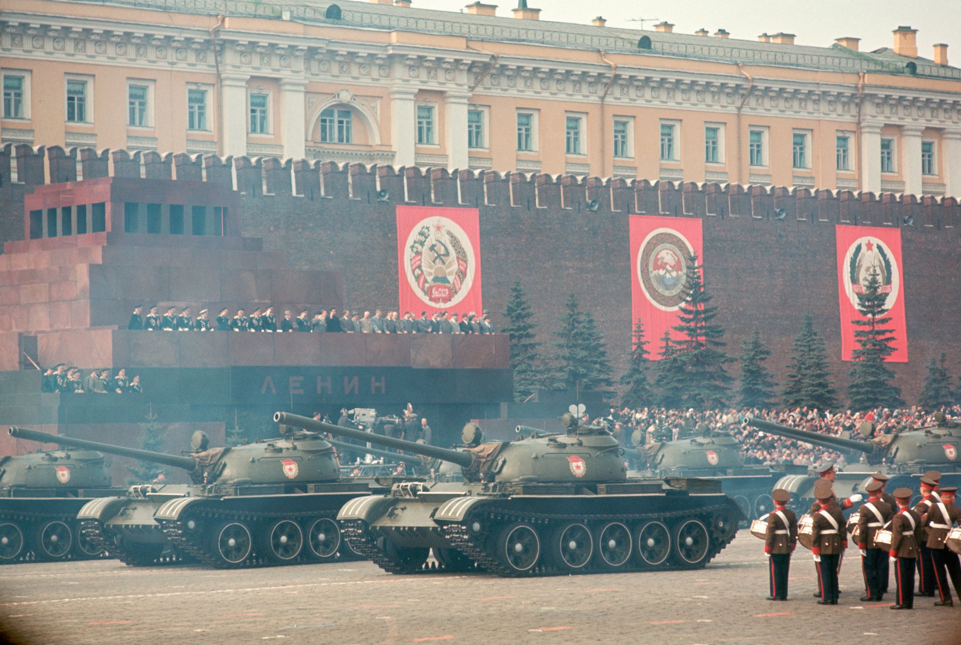 A military unit marches past Communist leaders assembled atop Lenin’s Mausoleum during a May Day parade in Moscow, Soviet Russia, on Jan. 1, 1964.