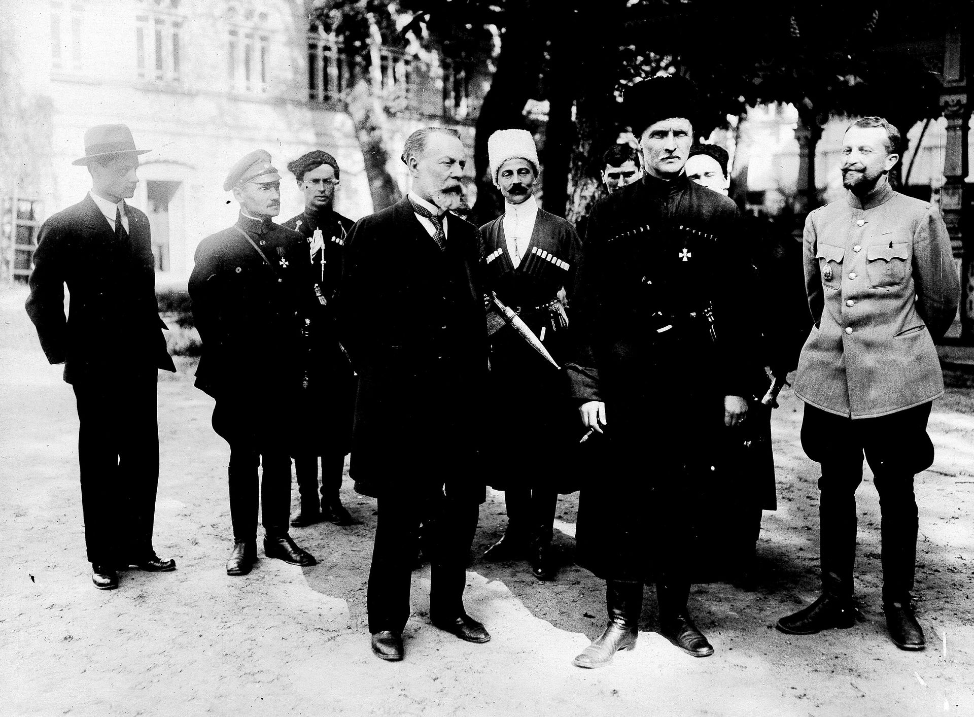 Hetman Pavlo Skoropadskyi is seen with members of his entourage in Kyiv, Ukraine, in 1918.