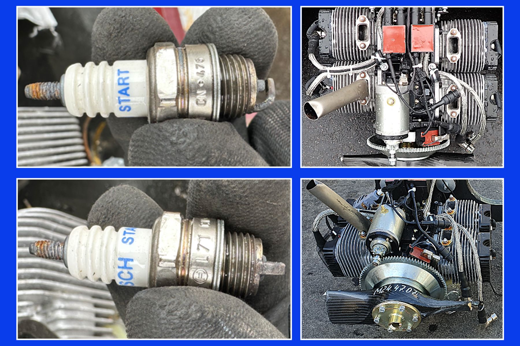 A Bosch spark plug (L) discovered in a Chinese-made engine MD550 (R) from a Geran-2 produced by the Kupol plant, Russia. The drone landed in Ukraine in 2025.