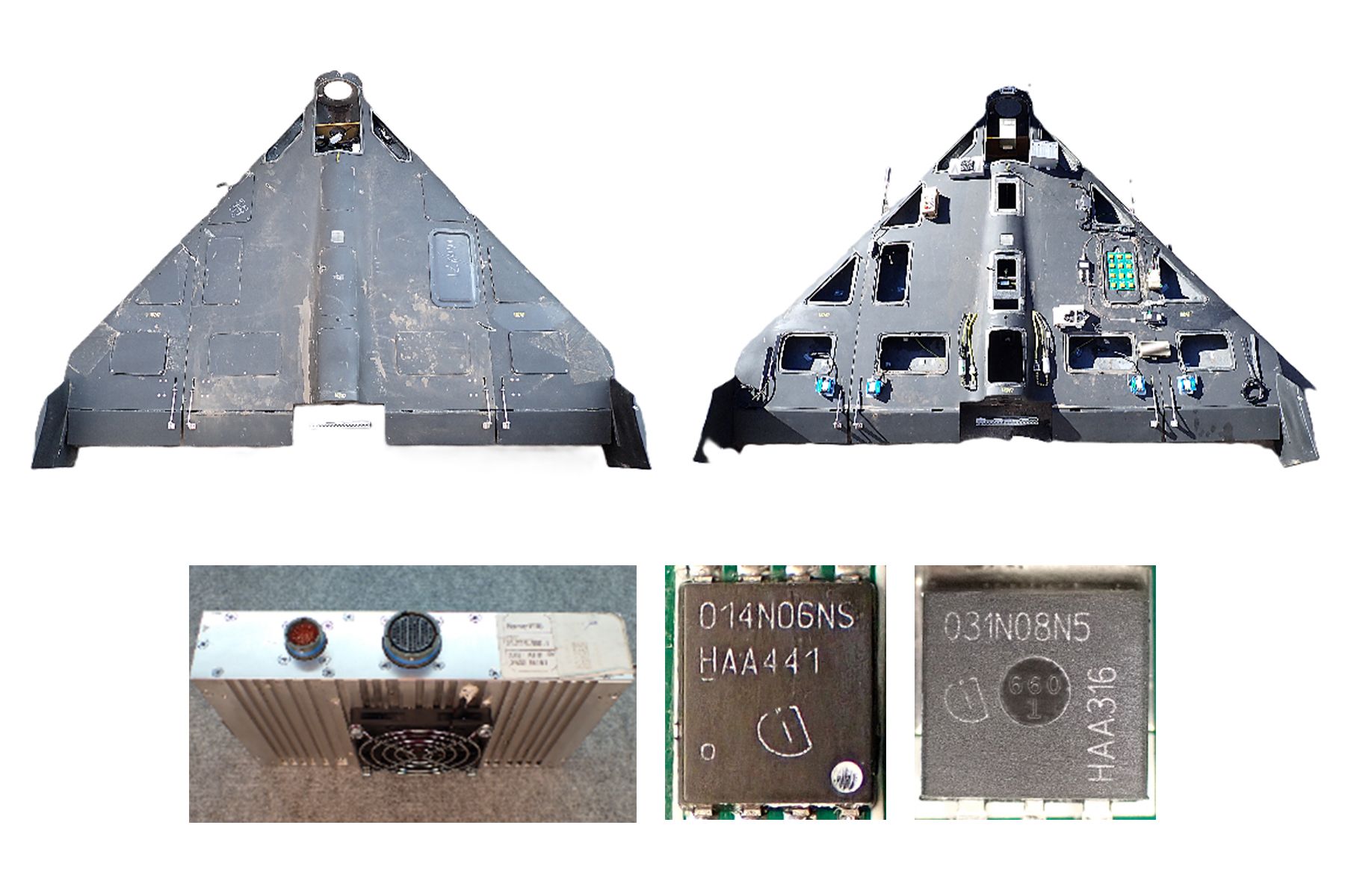 A Shahed produced by the Alabuga SEZ, Russia, and found in Ukraine in 2025 (Top R-L), a power distribution unit (Bottom L), and two Geran-2 Alabuga German transistors (Bottom R) discovered in the PDU.