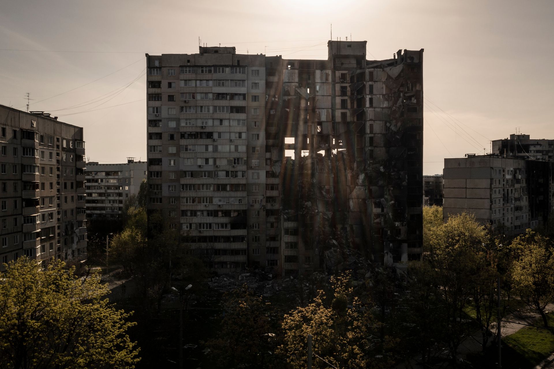 A building heavily damaged by multiple Russian bombardments stands near the front line in Kharkiv, Ukraine, on April 25, 2022.
