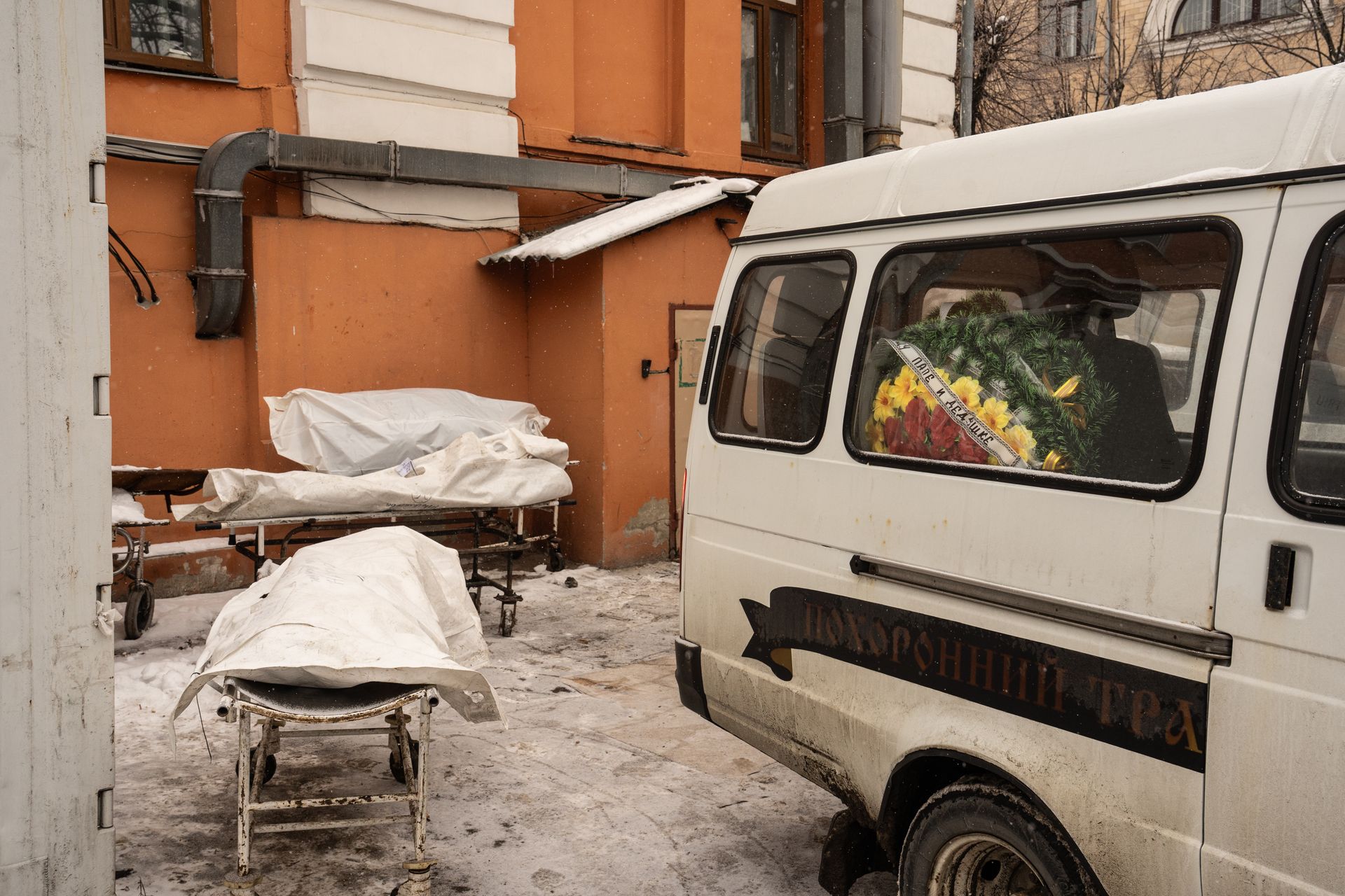 Bodies queued outside of Kharkiv morgue in Kharkiv, Ukraine on Jan. 22, 2026.