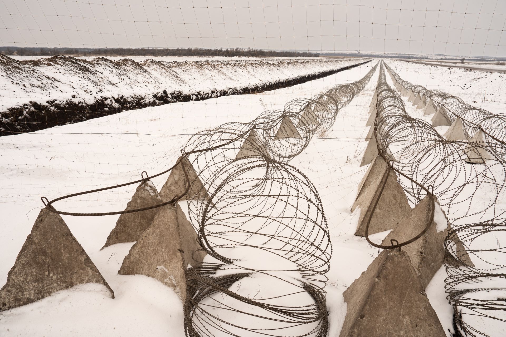 Dragon’s teeth defensive fortifications are seen in Donetsk Oblast, Ukraine, on Jan. 25, 2026.