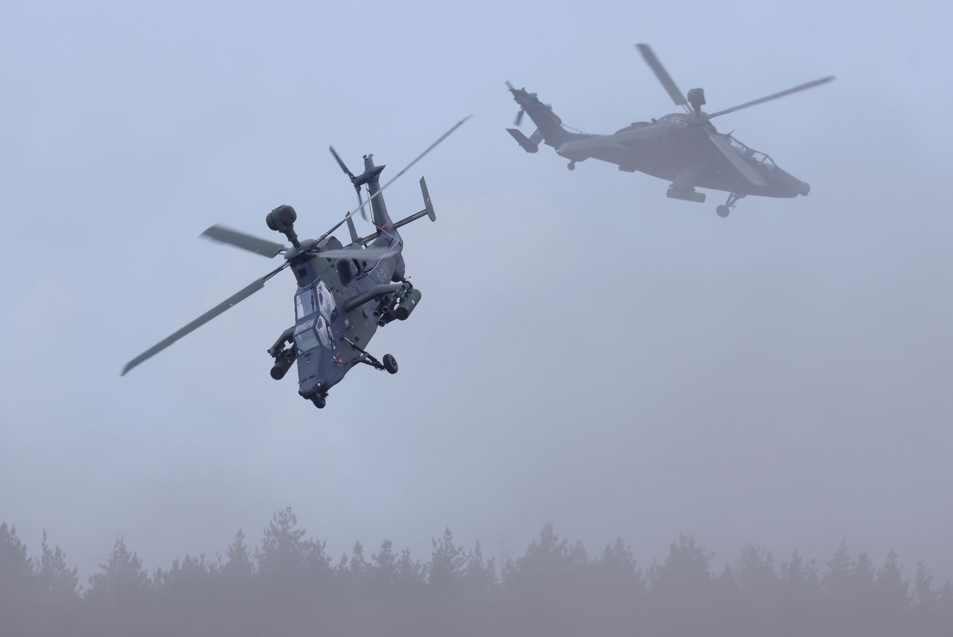 Eurocopter Tiger attack helicopters of the German armed forces take part in the Quadriga military exercises near Pabrade, Lithuania, on May 29, 2024. 