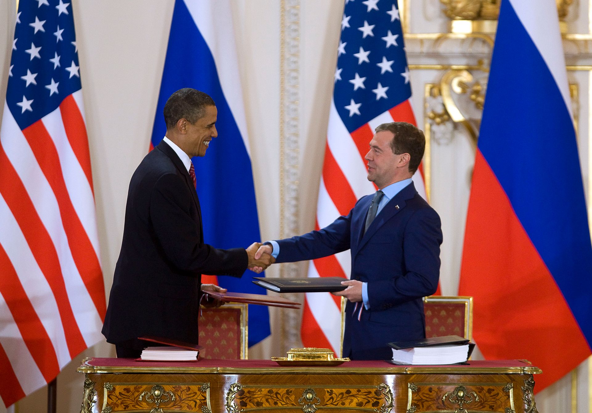 Then-U.S. President Barack Obama and then-Russian President Dmitry Medvedev in Prague, Czech Republic, on April 8, 2010. 