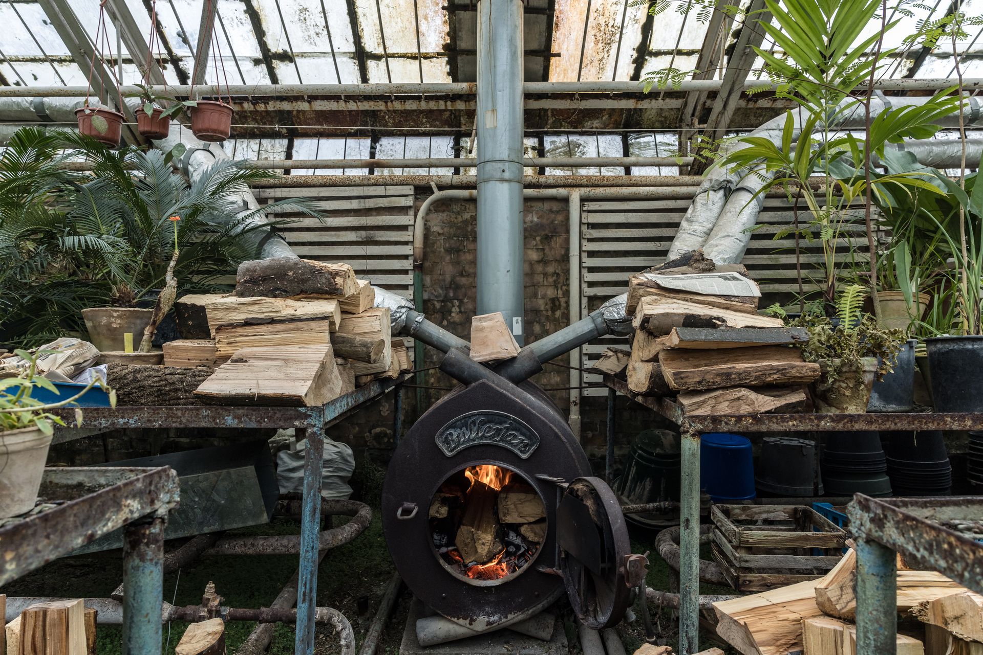 A wood-burning stove used to heat greenhouses housing collectible plants at the Kyiv National Botanical Garden in Kyiv, Ukraine, on Jan. 30, 2026.