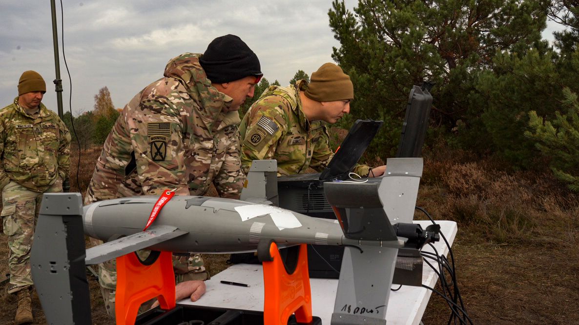 U.S. Army Capt. Justin Adkins, and Sgt. 1st Class Brandon Ardner conduct preflight procedures with Merops interceptor, a counter-unmanned aerial system near Lipa, Poland, on Nov. 10, 2025.
