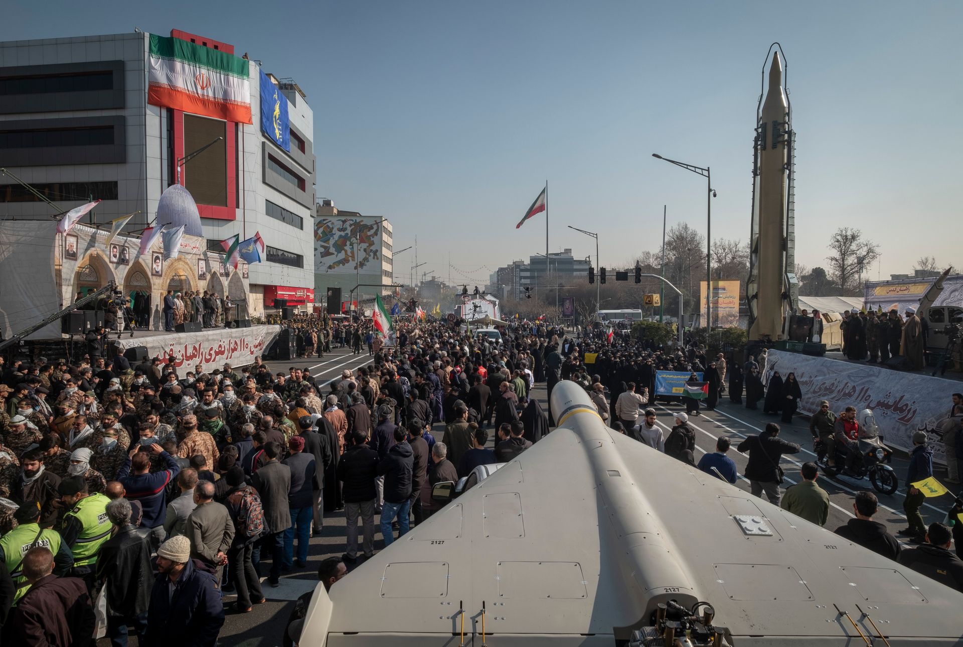 An Iranian-made Shahed-136 unmanned aerial vehicle (bottom) and an Iranian-made surface-to-surface ballistic missile are displayed during a military rally in Tehran, Iran, on Jan. 10, 2025.