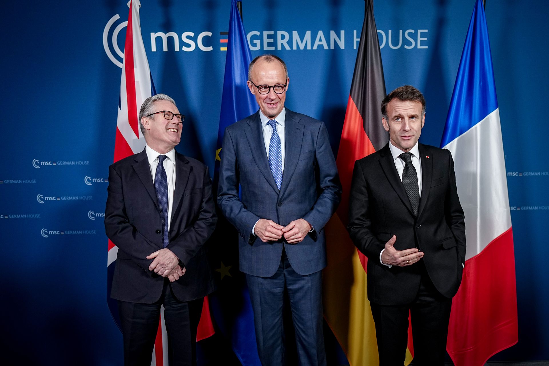 (L-R) British Prime Minister Keir Starmer, German Chancellor Friedrich Merz and French President Emmanuel Macron in Munich, Germany, on Feb. 13, 2026. 
