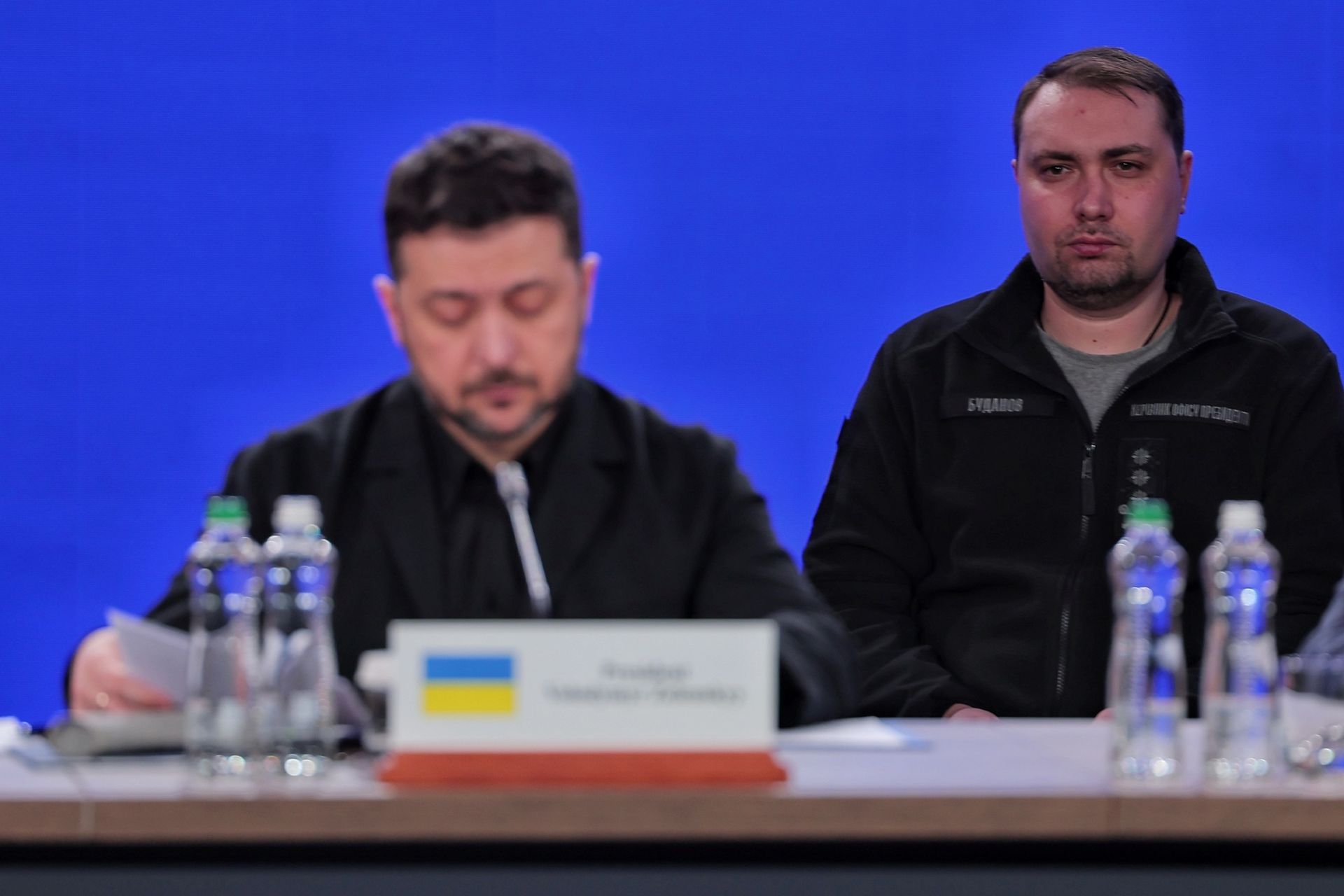 Kyrylo Budanov, Head of the Office of the President of Ukraine,  sits behind President Volodymyr Zelensky in Kyiv, Ukraine, on Feb. 24, 2026