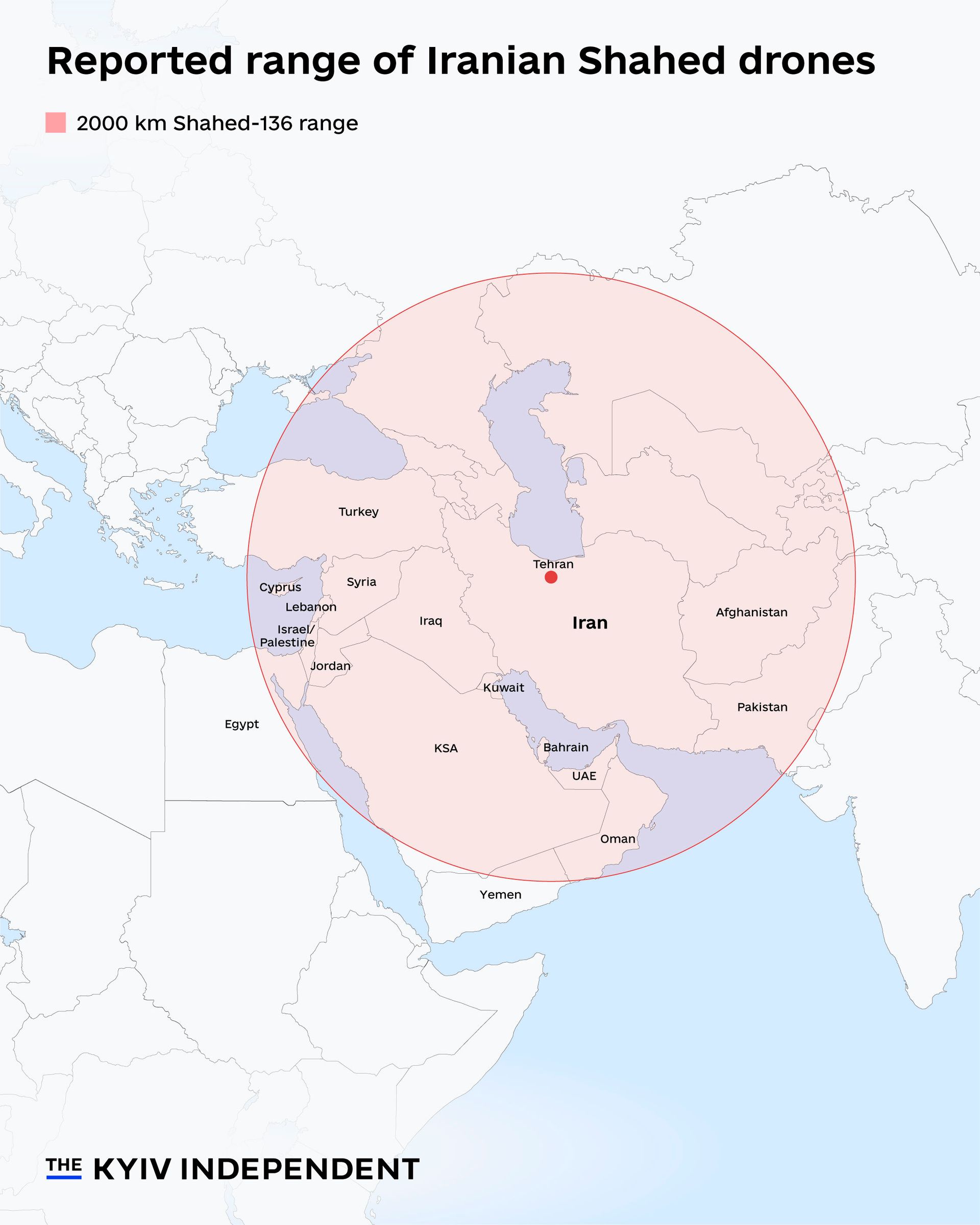 Reported range of Iranian Shahed drones.