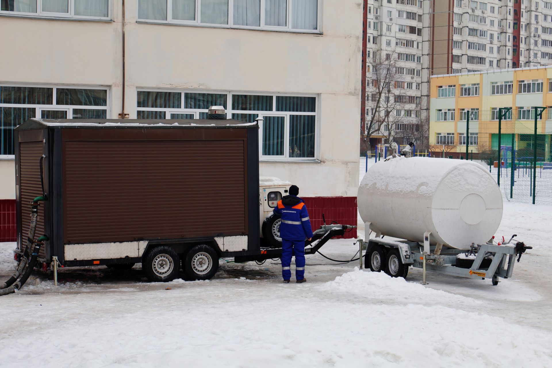 A gas cogeneration plant stands near a school in Kyiv, Ukraine, on Jan. 27, 2026.
