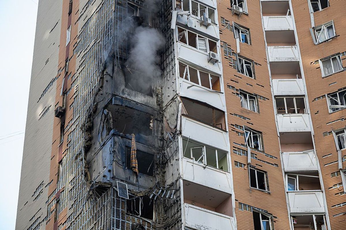 A residential building damaged by a Russian drone attack in the Darnytskyi district of Kyiv, September 9, 2026